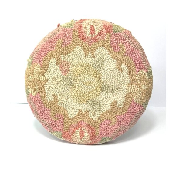Vintage French Country Round Hooked Wool Footstool With Wood Legs 9" H 13" Dia - Picture 6 of 7